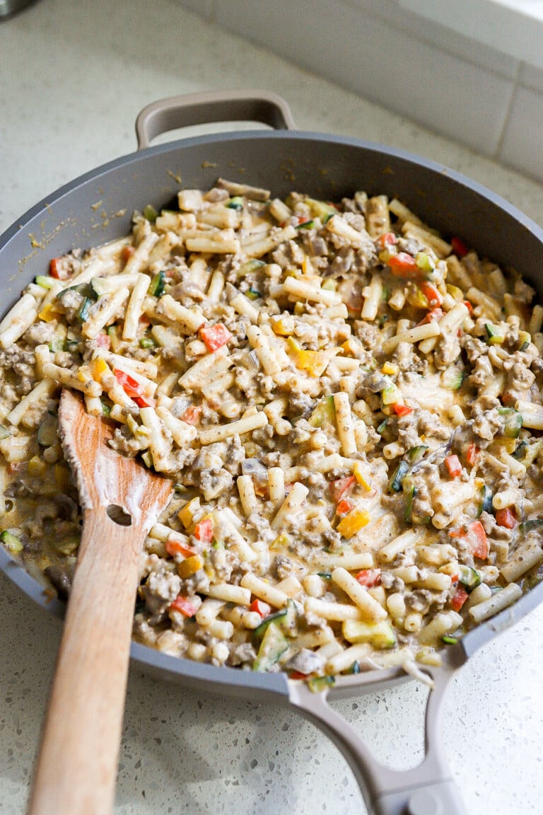 Top down view of the best homemade hamburger helper in medium size frying pan.