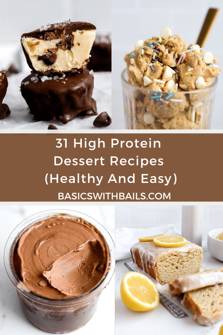 Front view of high protein dessert recipes in a collage.