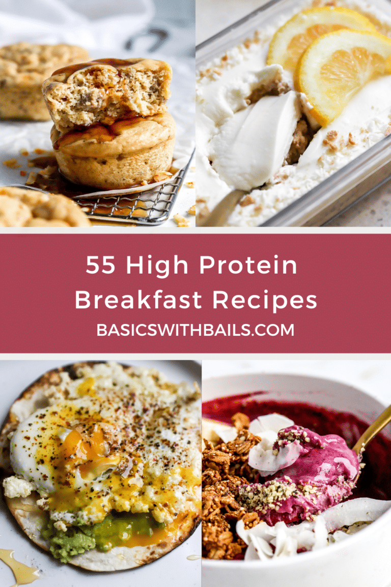 Front view of 55 high protein breakfast recipes in a collage.