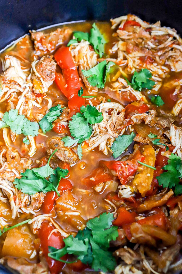 Top down view of shredded chicken with bell peppers and cilantro.