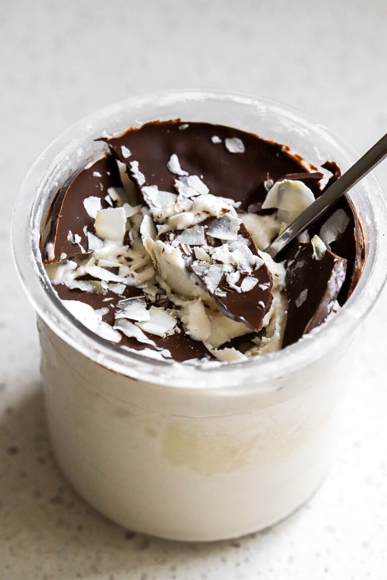 Side view of chocolate ice cream dessert with coconut flakes.