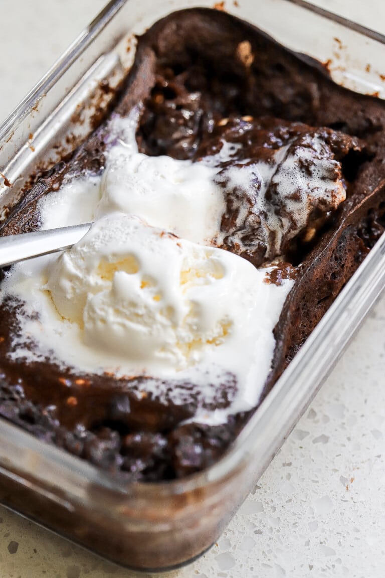 Close up view of high protein chocolate dessert with ice cream.