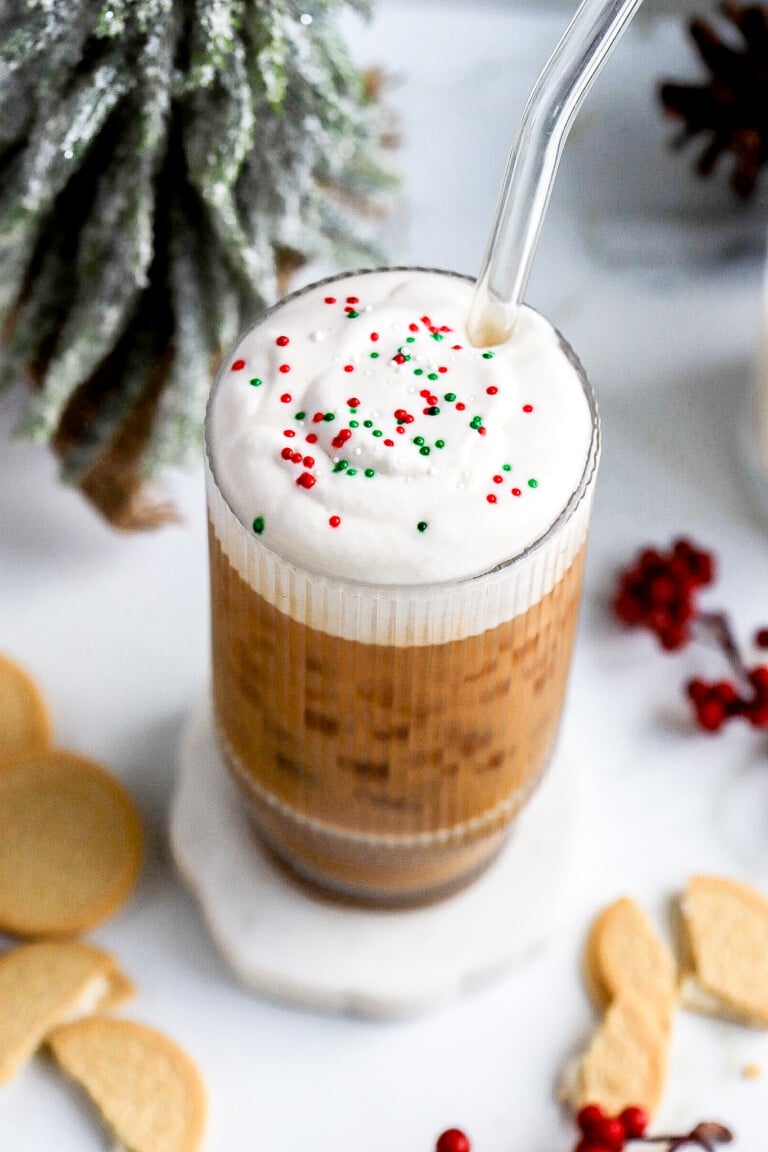 Side angle of homemade Starbucks sugar cookie cold foam with holiday sprinkles.