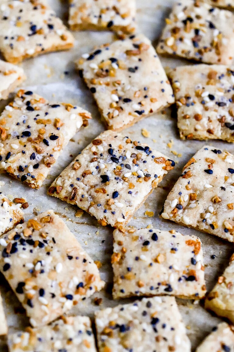 Side angle of homemade cracker recipe with everything but the bagel seasoning on top.
