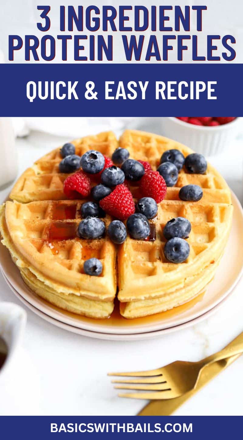 vertical image with protein waffles top view with text overlay