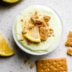 Top down view of high protein lemon meringue pie.