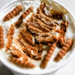 Top down view of the viral 2 ingredient japanese cheesecake in a yogurt tub.